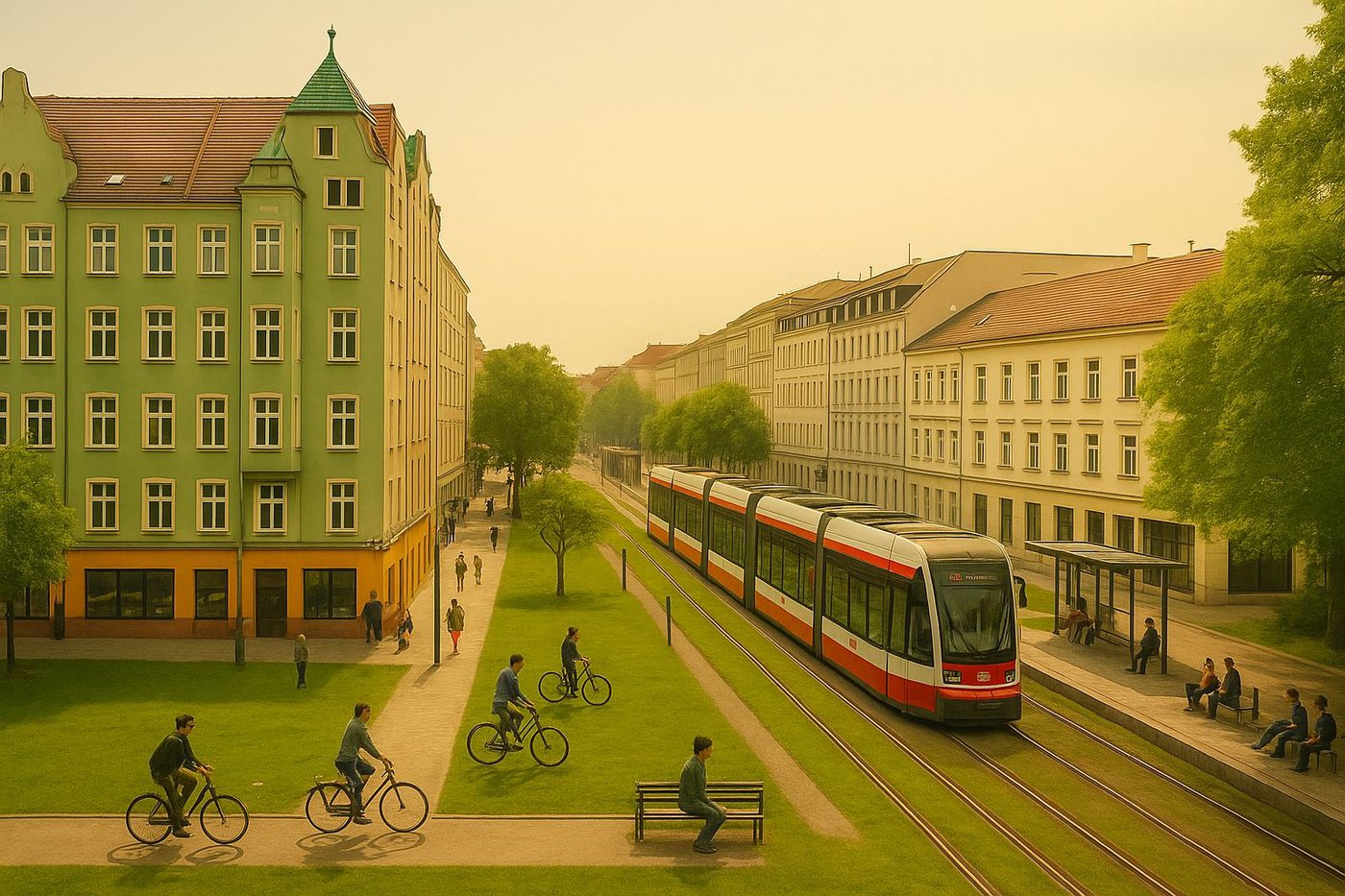 A Vienna street reclaimed: green median, tram, cyclists and people, few cars