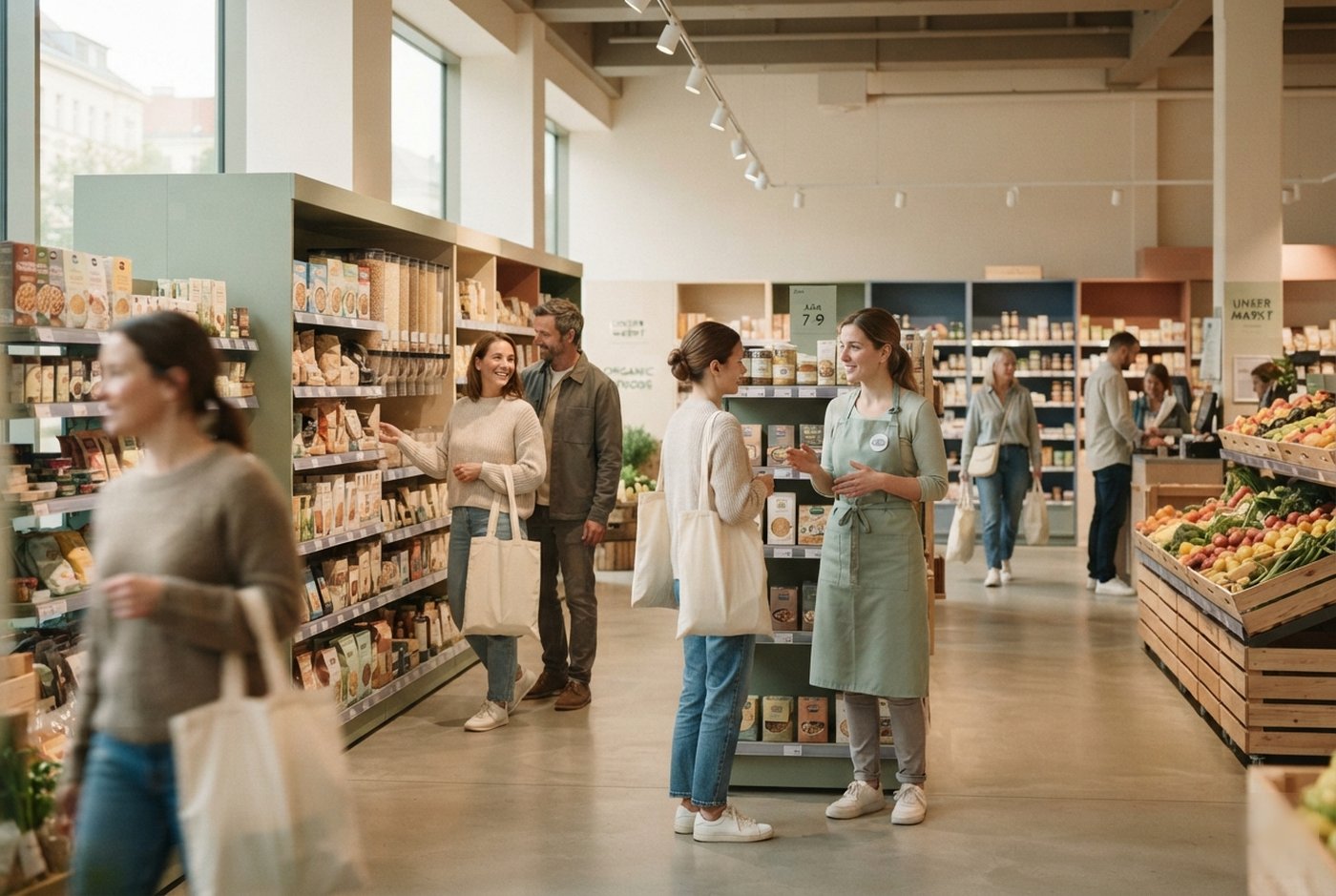 A calm, pastel-toned supermarket: sage-green shelving, no aggressive red price signs, shoppers chatting, fresh produce in wooden crates