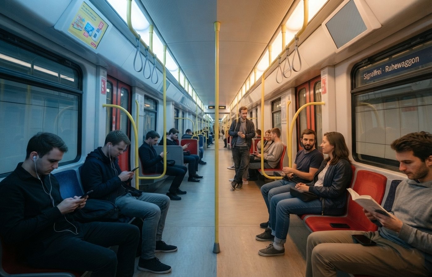 A Wiener Linien carriage split in two: isolated riders on phones on one side, people talking and reading on the other, under a signal-free carriage sign