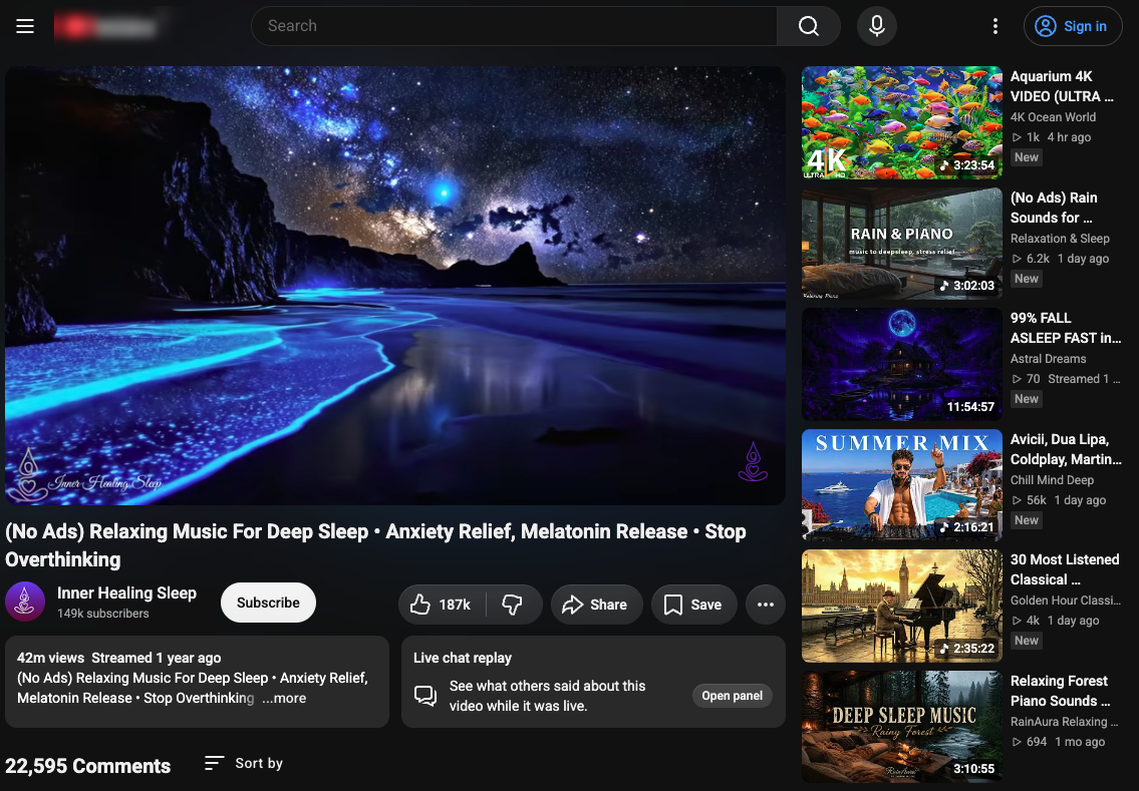 Default watch page: recommendations sidebar, thousands of comments
