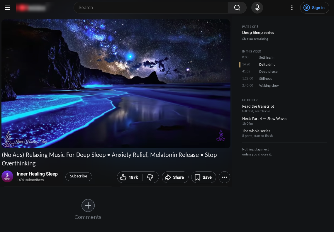 The same page with recommendations and comments collapsed — and the right rail replaced by a depth path: where you are in the series, the chapters in this video, the transcript, the next part, and a note that nothing plays next unless you choose it